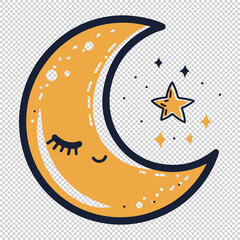 Cartoon moon and star logo, yellow vector illustration on transparent background