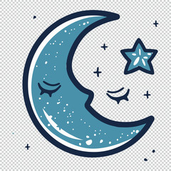 Cartoon moon and star logo, blue vector illustration on transparent background