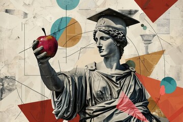 Enlightened Knowledge: A Greek Statue Wielding an Apple and Graduation Cap - Generative AI