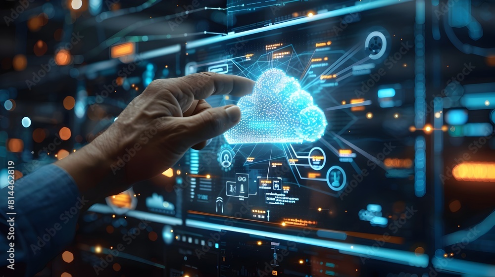 Poster hands on of cloud software and digital interfaces at a tech expo showcasing cloud computing concepts