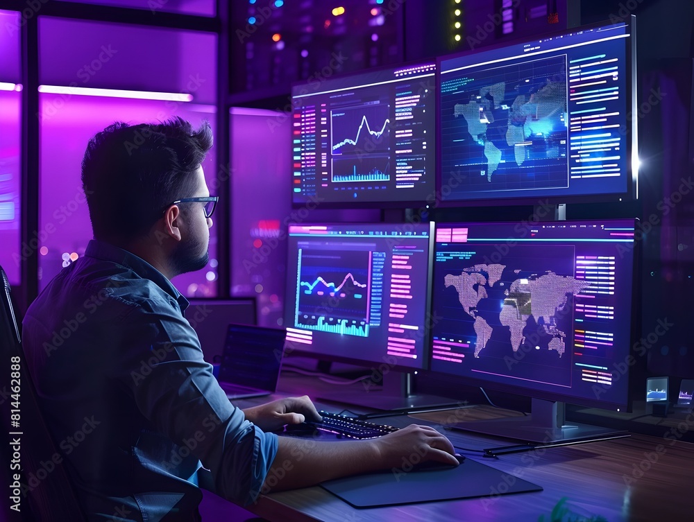 Poster cloud engineer monitoring virtual server infrastructure on multiple screens in tech workspace
