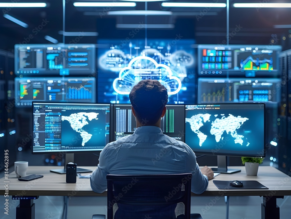 Poster cloud computing engineer monitoring virtual server infrastructure on multiple screens