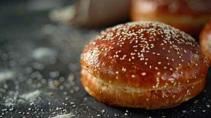 Close-up shot of a pretzel bun's texture and salty surface, showcasing its suitability for burgers, isolated background, studio lighting