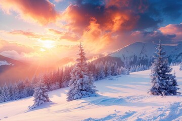 Serene Winter Sunrise Casting Golden Light Over Snowy Mountain Landscape, Generative AI