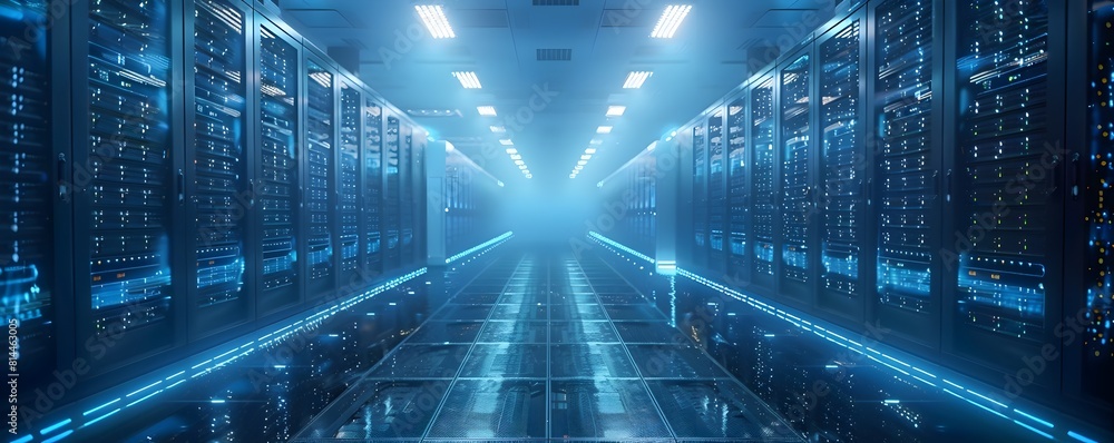 Poster illuminated server room showcasing active cloud computing and futuristic technology infrastructure