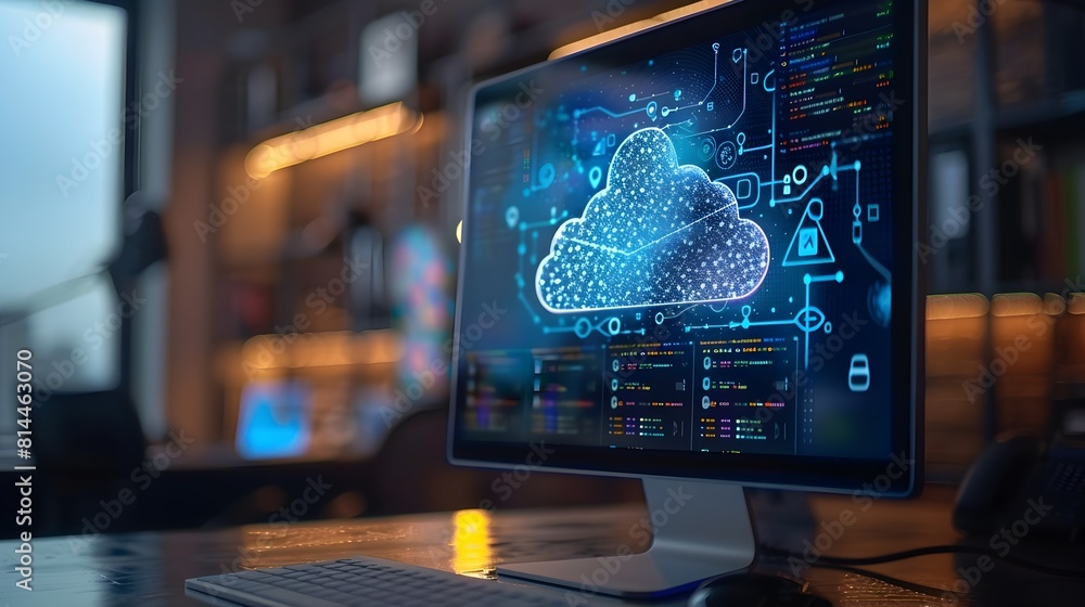 Poster cloud storage interface displaying synchronized digital files on computer screen