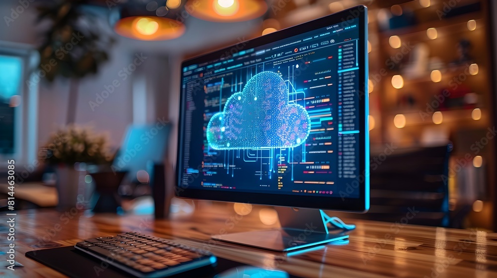 Poster cloud storage interface synchronizing digital files on computer screen cloud computing concept with 