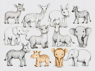 Collection of various wild animals, hand drawn, vector illustration, white background