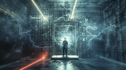 Ethical dilemma, person split into two after quantum teleportation, one trapped in the machine, the other appearing outside, confused and scared, 3D render, dramatic lighting effect, HDR