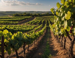 Enjoy the beauty of a countryside vineyard with rows of grapevines stretching into the distance.