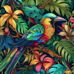 Fototapeta premium a seamless pattern featuring intricately detailed tropical birds and lush jungle foli