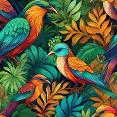 Obraz premium a seamless pattern featuring intricately detailed tropical birds and lush jungle foli