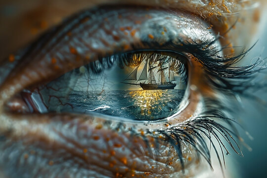 Closeup of the eye of a sailor with the reflection of a sailing ship on the ocean.