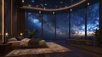 A bedroom with a grand, floor-to-ceiling window, offering a breathtaking view of the night sky