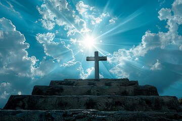 a large cross on a hilltop. The cross is made of wood and has a glowing white light shining from...