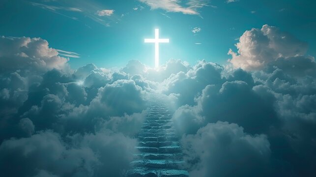 The bright light of heaven shines down upon a staircase leading up to a large cross.