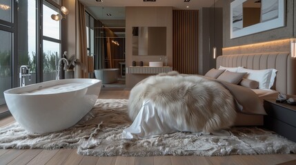 A bedroom with a luxurious, freestanding bathtub, a contemporary bed, and a plush, fur rug