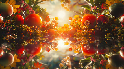 Mystical fruit, kaleidoscopic display, muse to all, Artistic inspiration, 3D render, Silhouette lighting, Vignette