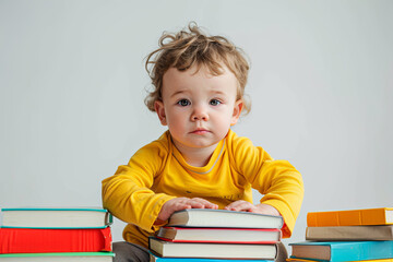 cute little boy look empty space lean on books pile wear trendy yellow clothes isolated on white background
