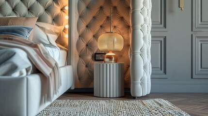 A bedroom with a luxurious, freestanding headboard, a stylish bedside lamp, and a soft, woven rug