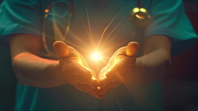 A symbolic depiction of a healthcare professional with glowing hands, illustrating the power and compassion inherent in medical care and healing