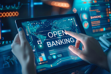 Open banking financial technology fintech concept, Business person working on tablet with open banking icon on virtual screen, with writing " OPEN BANKING "
