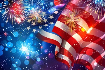 Fototapeta premium Illustration USA flag with fireworks background for independence day.