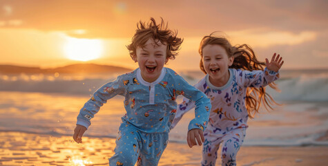 A young boy and girl wearing pajamas, running on the beach at sunset.