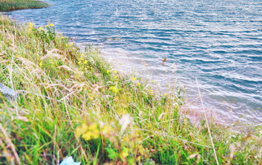 Water surface. The texture of the water. Waves on the lake in windy weather.