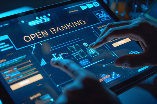 Open banking financial technology fintech concept, Business person working on tablet with open banking icon on virtual screen, with writing " OPEN BANKING "
