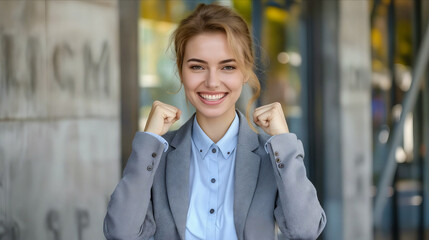A woman in a suit is posing with her fist up.