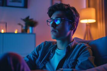 Young Man in Glasses is Sitting on a Sofa and Watching TV with Live News. It's Evening and Room at Home Has Working Lamps
