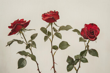 Four red roses in a vase against a white background with space for message, Romance Love Concept