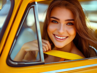 A smiling woman in a yellow car.