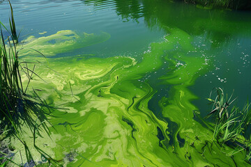 A large, bright green algae bloom is seen in a body of water 