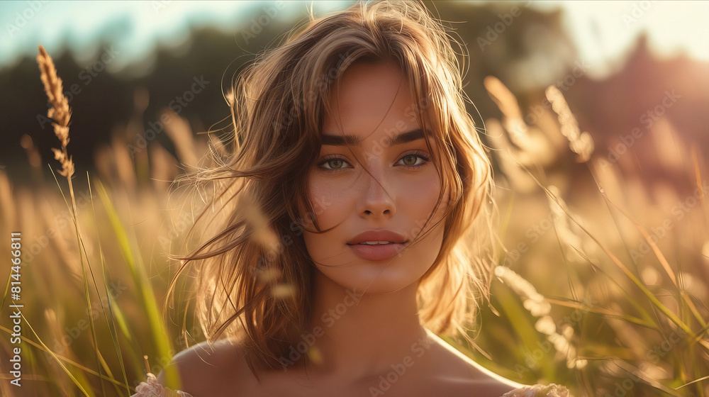 Wall mural A beautiful woman in a field with long hair.