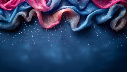 Abstract blue and pink waves with glitter on dark blue background.