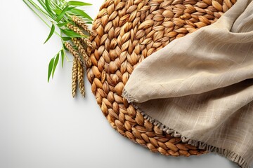 Woven placemat and napkin on white background. Natural materials, handmade, zero waste concept.