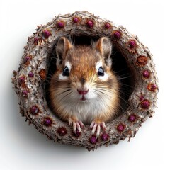 A cute chipmunk peeks out of a hole in a woven basket.