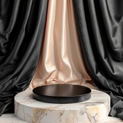 Black and pink luxury round stage with marble podium for product showcase.