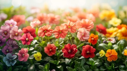 Close-up of a variety of colorful pansy flowers in full bloom with a blurred background.