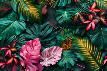 A lush background of tropical leaves in vibrant shades creating a lively and colorful natural pattern 