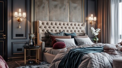 A bedroom with a luxurious, oversized upholstered headboard, elegant sconces, and a plush velvet armchair