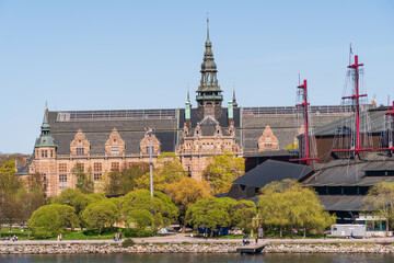 The Nordic Museum and Vasa Museum as seen from Skeppsholmen island, Stockholm, Sweden, on a clear...