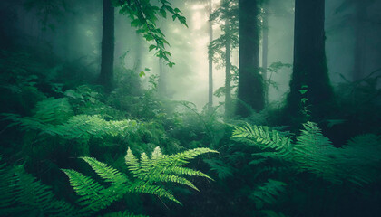 Beautiful forest with undergrowth ferns, natural landscape