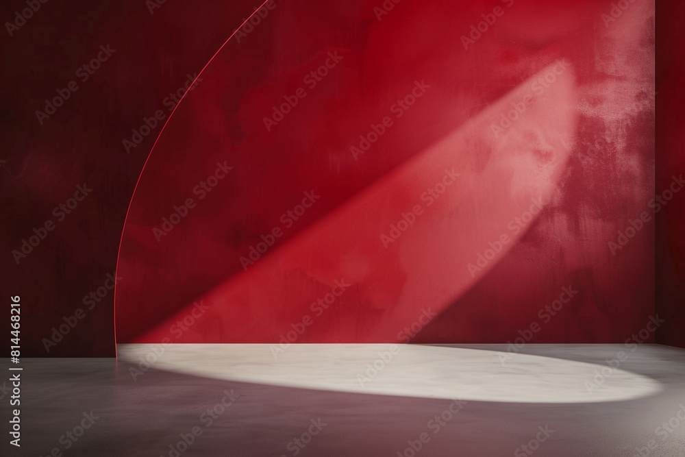 Poster a minimalist dark red studio backdrop with a smooth gradient, complemented by a neutral grey floor, 