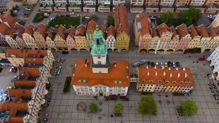 Overhead shot displays Jelenia Góra's lively market square and magnificent 18th-century town hall.