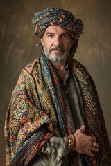 Obraz premium A man in traditional attire with intricate patterns, posed against a neutral background, softly lit