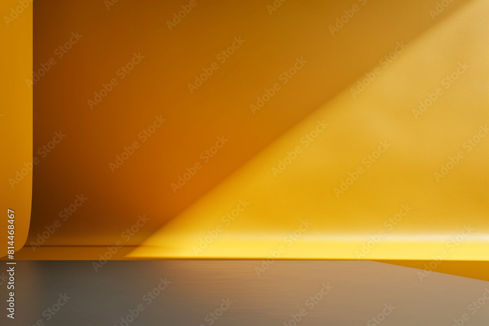 Poster a minimalist dark yellow studio backdrop with a smooth gradient, complemented by a neutral grey floo