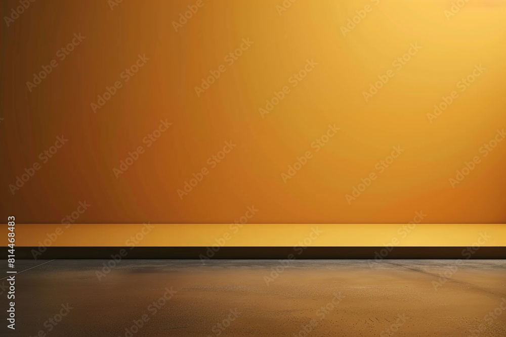 Poster a minimalist dark yellow studio backdrop with a smooth gradient, complemented by a neutral grey floo
